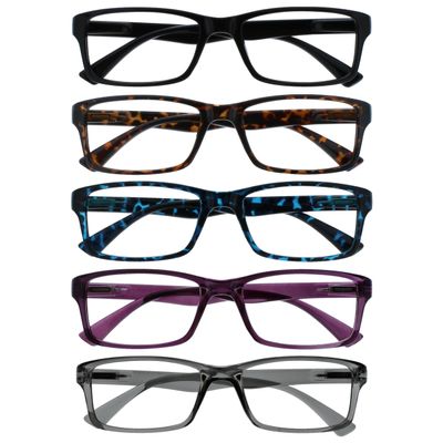 OPULIZE Reading Glasses 5-Pack, Black Brown Blue Purple Gray, Men’s and Women’s, +1.00