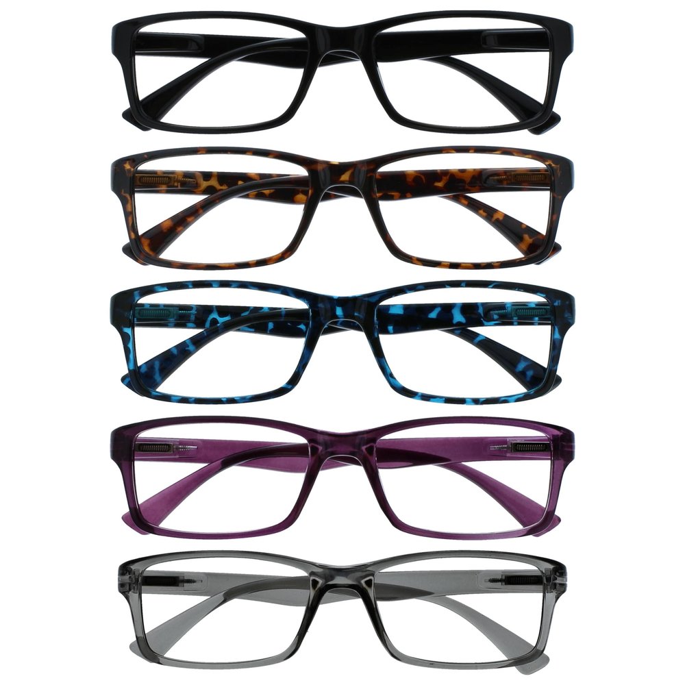 OPULIZE Reading Glasses 5-Pack, Black Brown Blue Purple Gray, Men’s and Women’s, +1.00