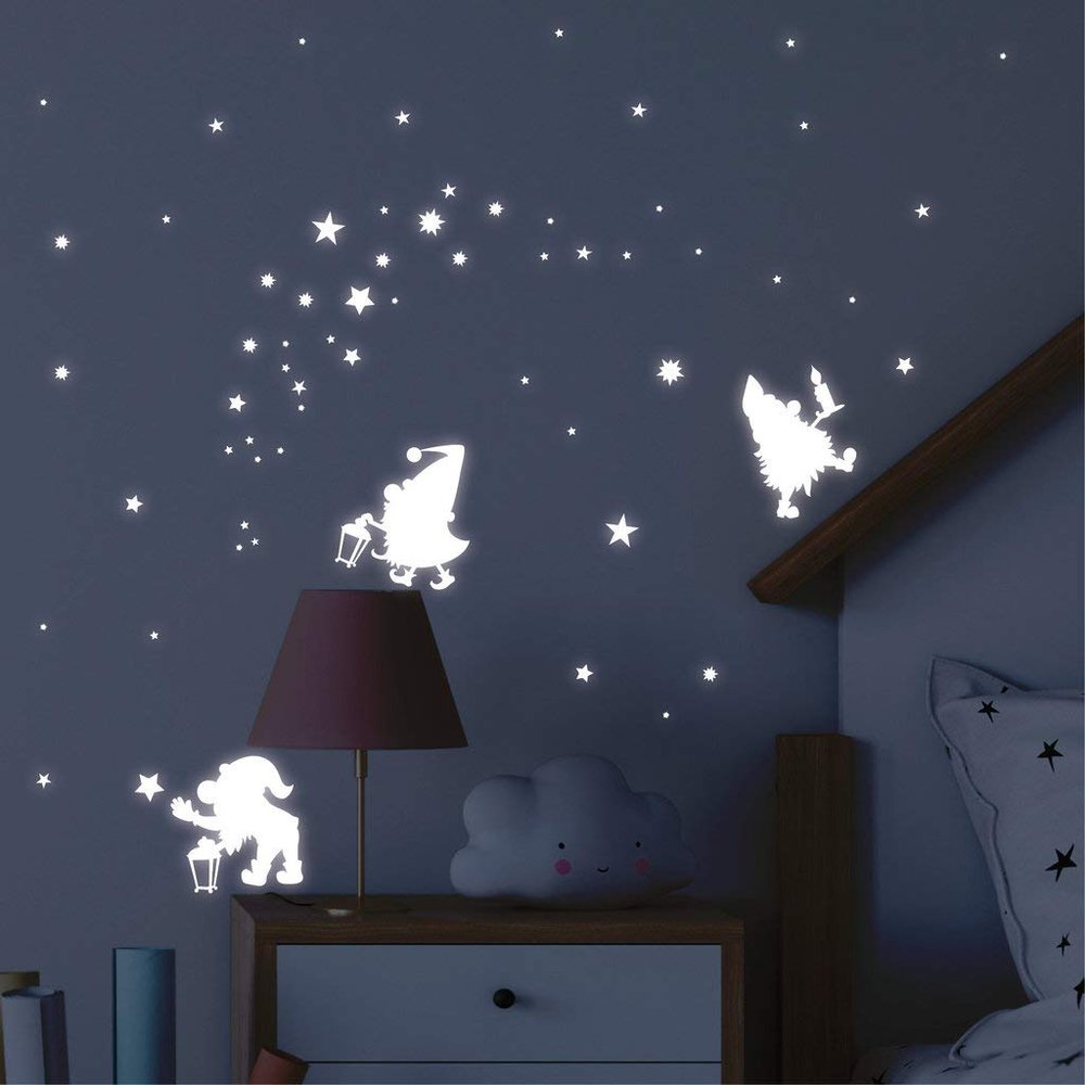 Glow-in-the-Dark Wall Stickers for Kids’ Room: 3 Gnomes and Stars