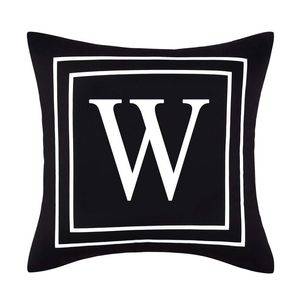 ASPMIZ Pillow Cover with English Alphabet and Initials Design, Black Letters, Decorative Cover for Bed, Bedroom, Couch, Sofa, Black, 45.7 x 45.7 cm