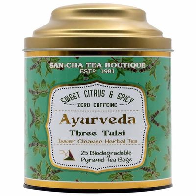 Sancha Tea Boutique Ayurveda Tulsi Tea, 25 Pyramid Tea Bags, Rama + Shyama + Vana Tulsi Blend