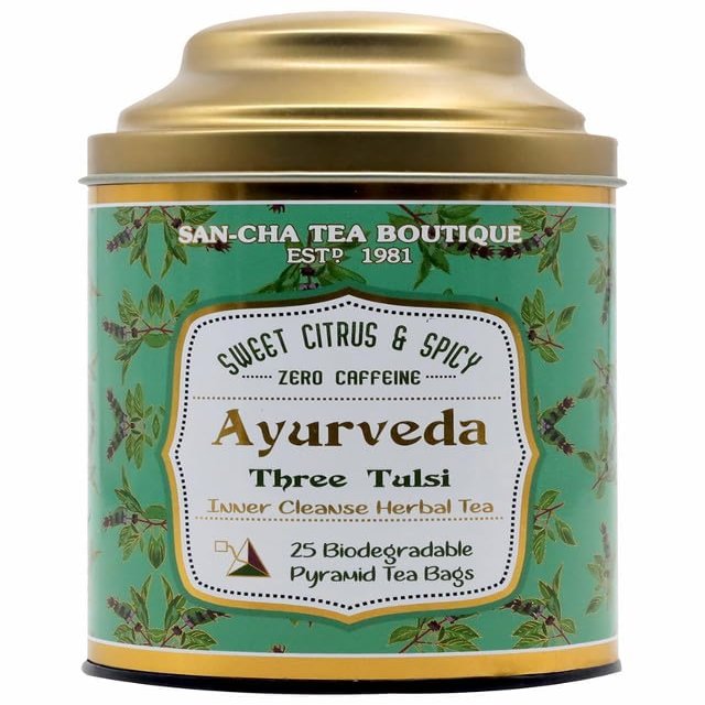Sancha Tea Boutique Ayurveda Tulsi Tea, 25 Pyramid Tea Bags, Rama + Shyama + Vana Tulsi Blend