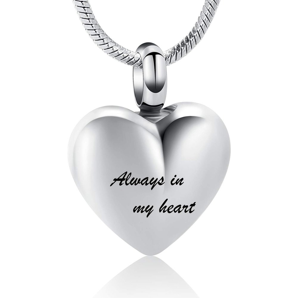 Always in My Heart Ash Urn Necklace, Stainless Steel Memorial Pendant