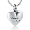 Always in My Heart Ash Urn Necklace, Stainless Steel Memorial Pendant view 1