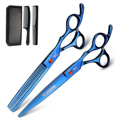 XUANFENG Black 7-Inch Professional Hairdressing Scissor Set, Japanese 440C Cutting and Thinning Shears, 20% Thinning, Blue