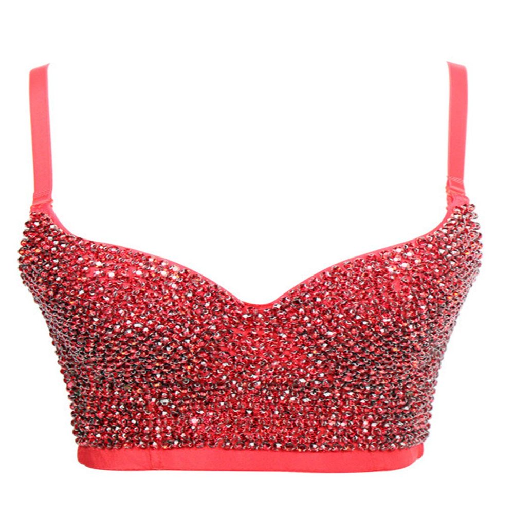 meilun Women's Rhinestone Push-Up Corset Bra, Red (2), Small