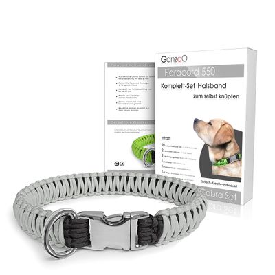 Ganzoo Paracord 550 DIY Dog Collar Kit, Gray, 2 Colors, Up to 65 cm, with 2 Metal Buckles, 40 mm D-Ring, Tape Measure and Online Instructions