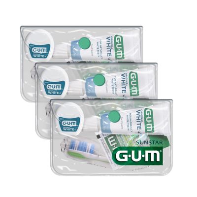 GUM TRAVEL KIT | Includes soft GUM travel toothbrush, toothpaste, floss and rubber interdental cleaners | 3-piece pack