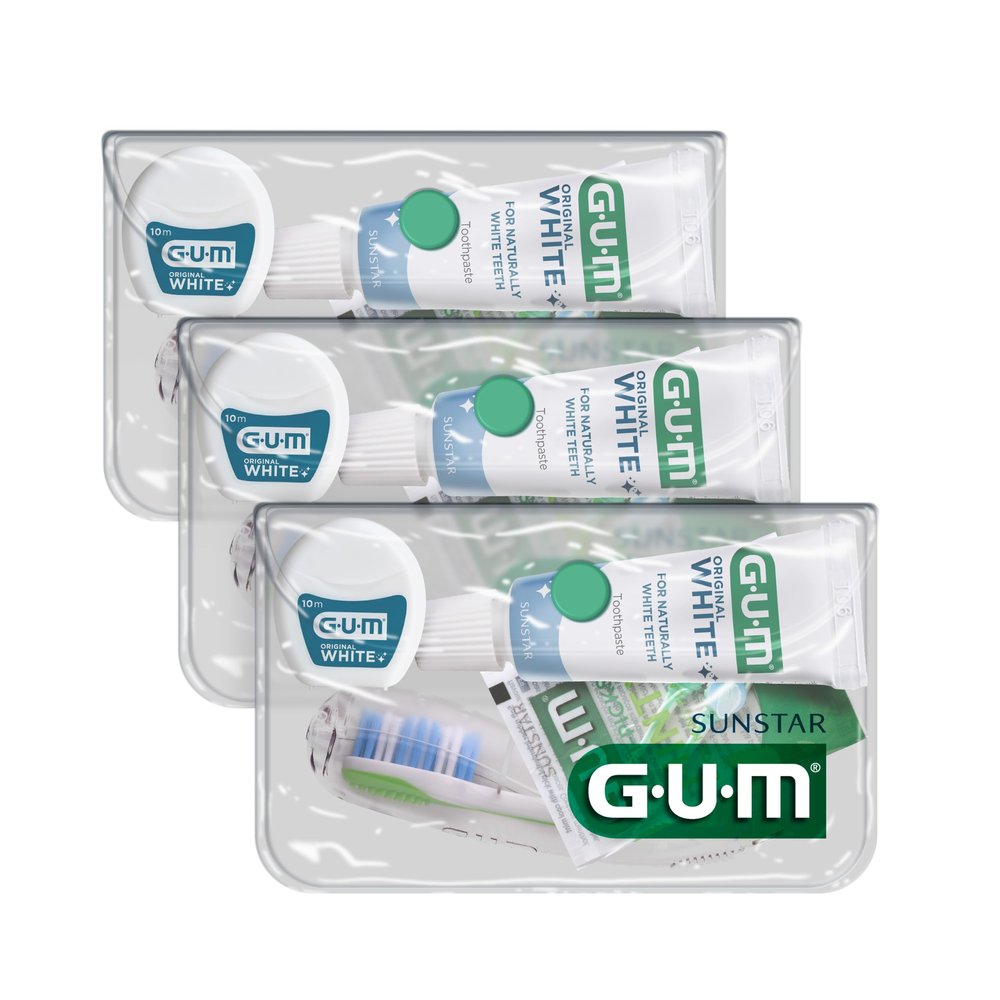 GUM TRAVEL KIT | Includes soft GUM travel toothbrush, toothpaste, floss and rubber interdental cleaners | 3-piece pack