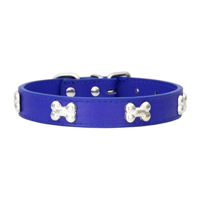 Mdurian Genuine Leather Metal Bone Stud Dog Collar - Adjustable for Small to Medium Dogs (L, Royal Blue)