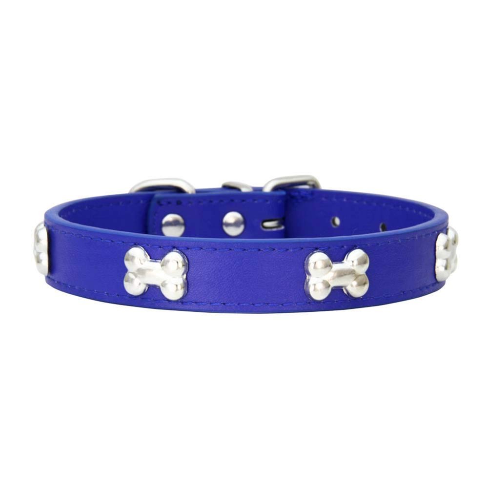 Mdurian Genuine Leather Metal Bone Stud Dog Collar - Adjustable for Small to Medium Dogs (L, Royal Blue)