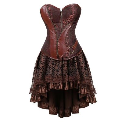 Jutrisujo Brown Gothic Steampunk Corset Dress, Full-Bust Corsage Skirt Set, Size M