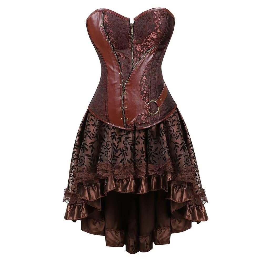 Jutrisujo Brown Gothic Steampunk Corset Dress, Full-Bust Corsage Skirt Set, Size M
