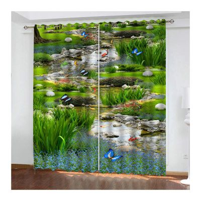 Daesar Blackout Curtains, Polyester 2-Piece Set, Butterflies and Fish, 274 x 244 cm, Green