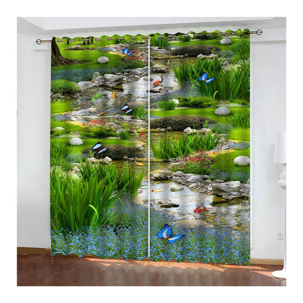Daesar Blackout Curtains, Polyester 2-Piece Set, Butterflies and Fish, 274 x 244 cm, Green