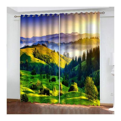 Daesar Blackout Curtains with Mountain and Sunrise Design, 2-Piece Set, Green, 274 x 138 cm