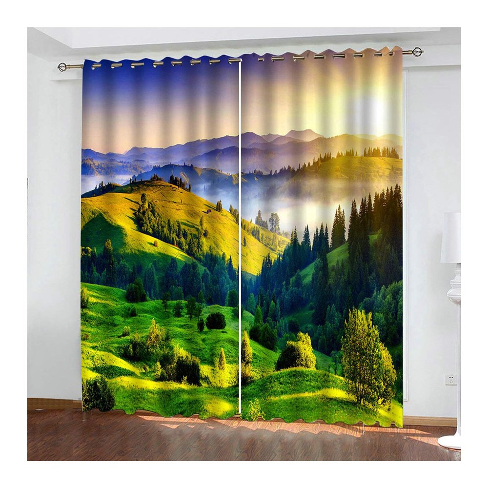 Daesar Blackout Curtains with Mountain and Sunrise Design, 2-Piece Set, Green, 274 x 138 cm