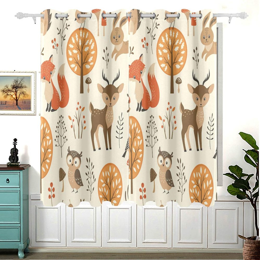 Autumn Forest Jungle Animal Blackout Curtains for Kids' Room, Fox, Deer & Rabbit, 54" H x 55" W, 2 Panels