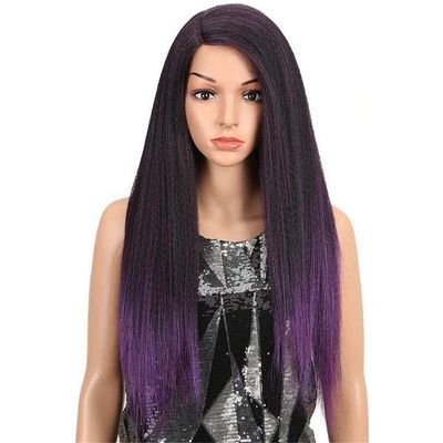 28-Inch Black Synthetic Lace Front Wig, Heat-Resistant Yaki Straight Hair, Purple Ombre, 150% Density