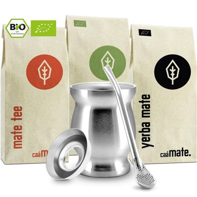Organic Mate Tea Set: 3 Varieties, Double-Wall Stainless Steel Cup, Bombilla & Guide