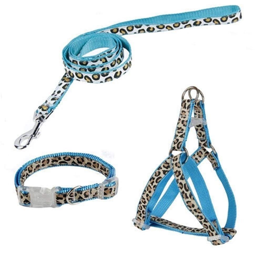 Pet Products Dog Collar Leash Set Leopard Adjustable Dog Leash Puppy Harness Durable Dog Accessories Cat Collar Strong (Color: Blue, Size: S)