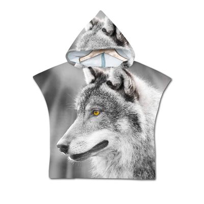 Treer 3D Cartoon Microfiber Hooded Beach Poncho Towel for Kids, Gray Wolf, 60 x 60 cm