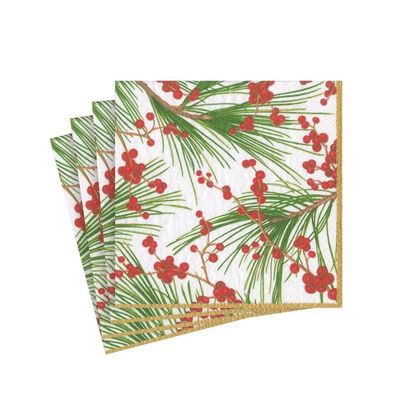 Caspari Cocktail Paper Napkins with Berries and Pine, 20 Count