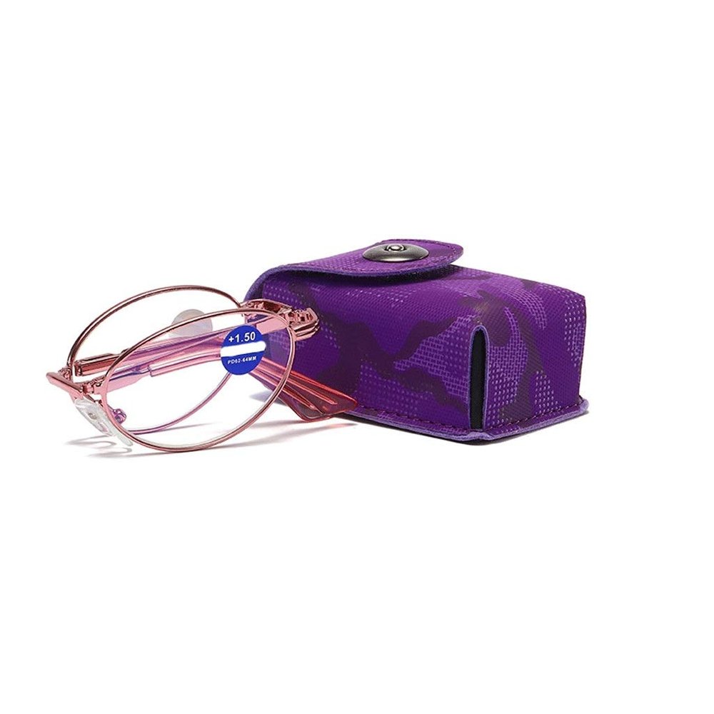 Pink Folding Reading Glasses with Case, Blue-Light Blocking, Anti-Glare, 2.0