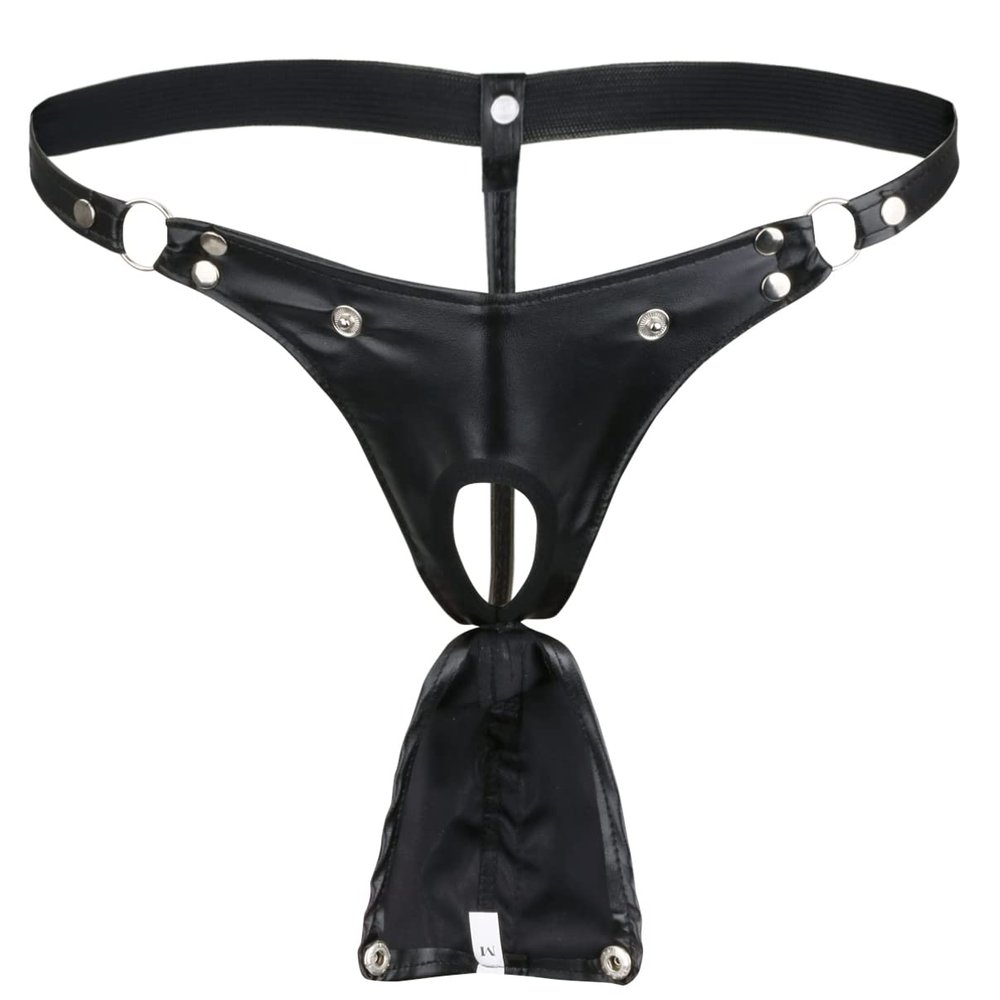 Aislor Men's Wetlook Open-Crotch Faux Leather Jockstrap Thong, Black, XL