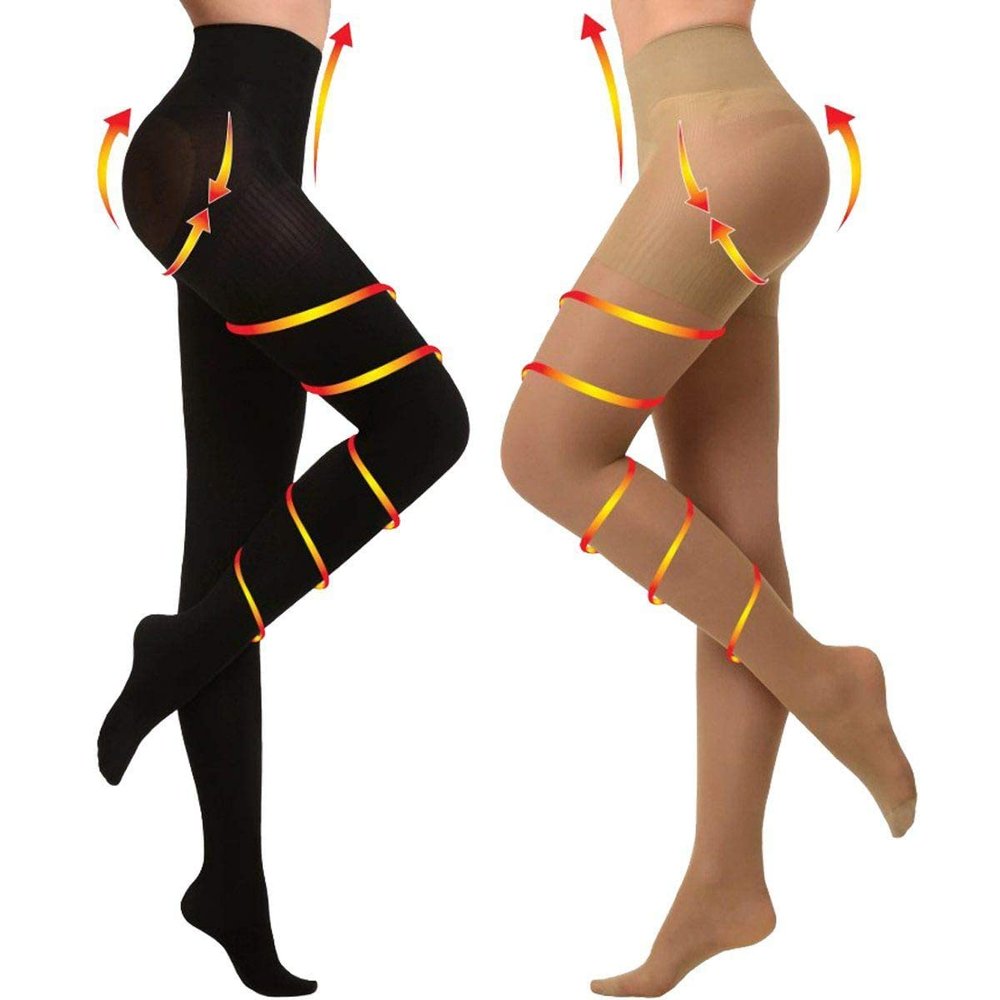 YISEMEYA 2 Pairs Medical Compression Pantyhose, 20–30 mmHg, High-Waisted, Opaque, Class 2 Support