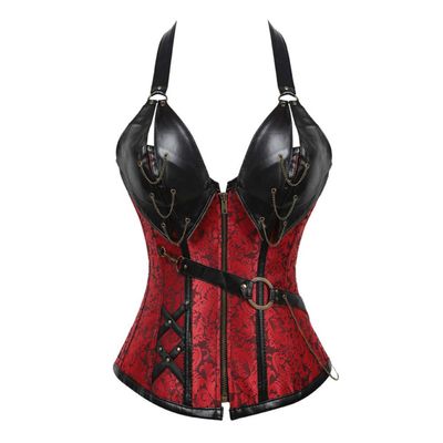 E-girl Women's Overbust Corset, Faux Leather, Steel Boning, Red, Size 50