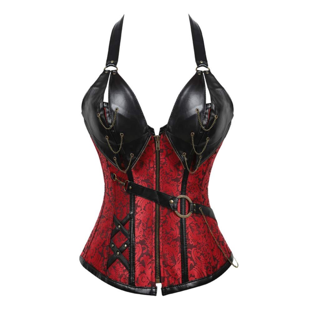 E-girl Women's Overbust Corset, Faux Leather, Steel Boning, Red, Size 50
