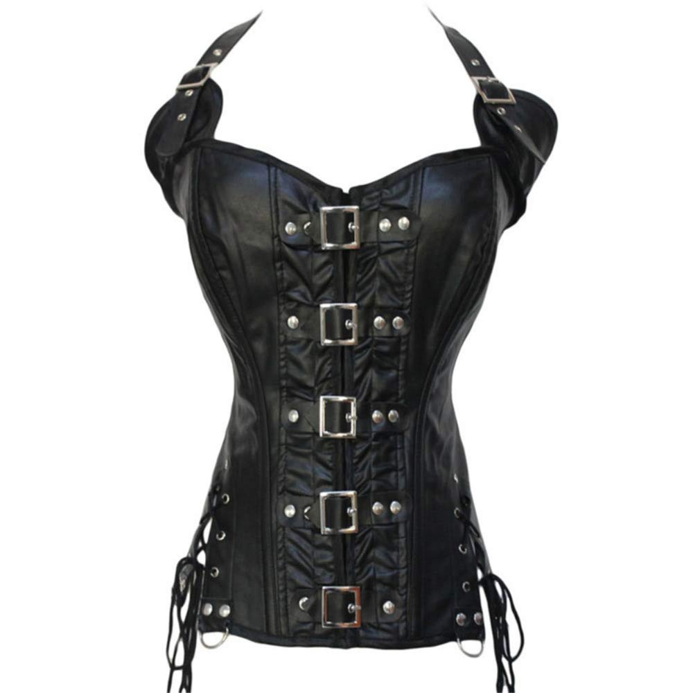 E-girl Women's Overbust Faux Leather Corset with Plastic Stays, Black, Size 44