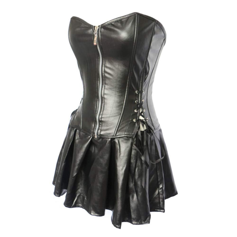 E-girl Women's Faux Leather Corset Dress with Plastic Boning, Black, Size 52