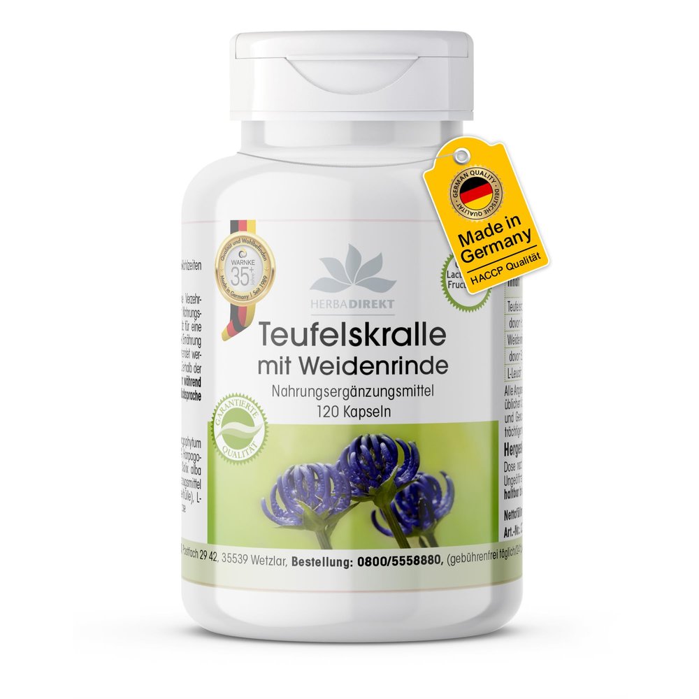 Devil’s Claw Capsules with Willow Bark – 900 mg Extract per Daily Dose, 120 Capsules, Vegan | HERBADIREKT by Warnke Vitalstoffe