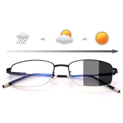 MANG Photochromic Reading Glasses for Men, Semi-Rimless Progressive Multifocal Readers with Blue-Light Filter, Unisex Sunglasses, Rectangular Frame, Anti-Fatigue