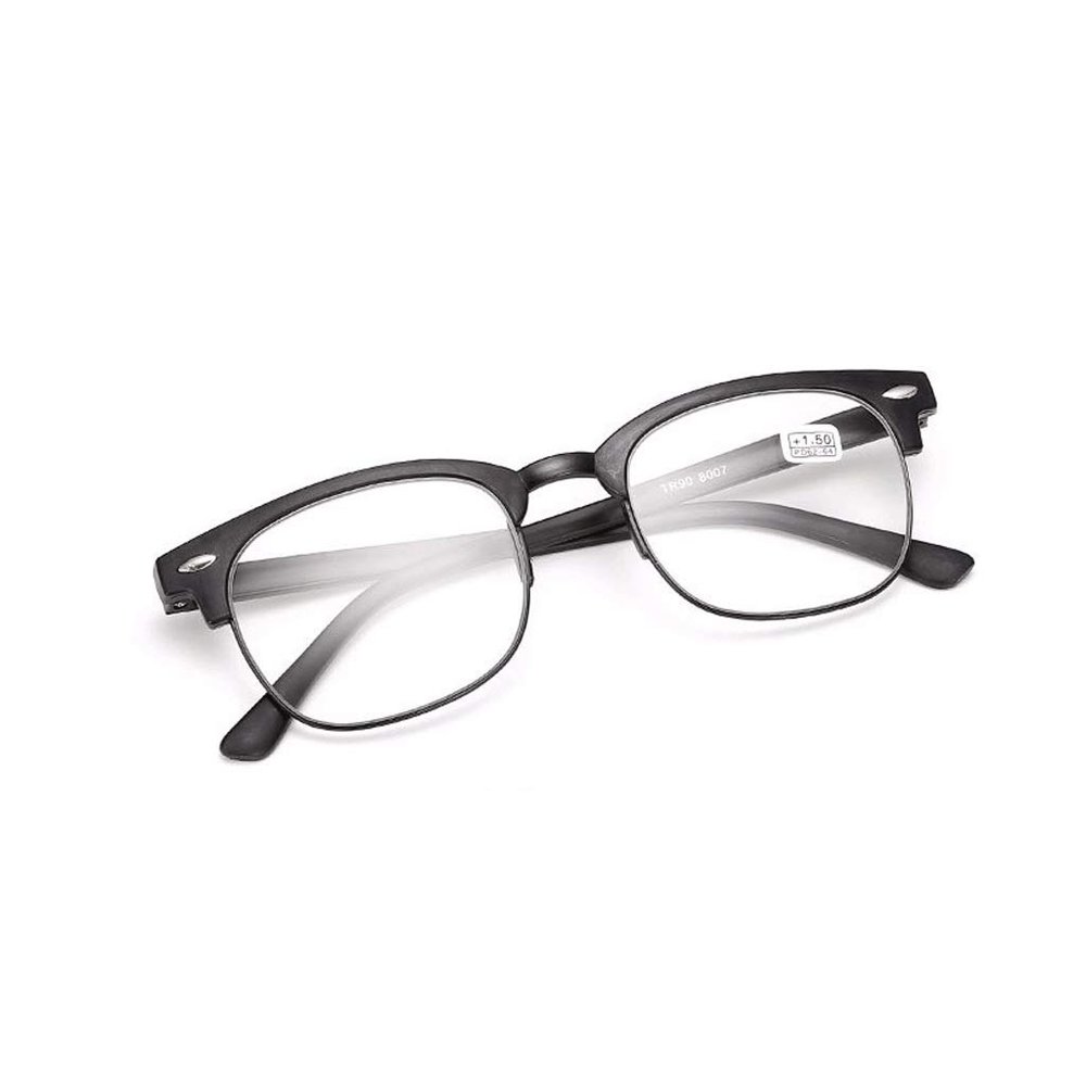 Geeyu Unisex Half-Frame Round Reading Glasses, Protective Lenses, Blue-Light Blocking, Wide Frames, Spring Hinges, Anti-Eye-Fatigue (Black, Size 3.0)
