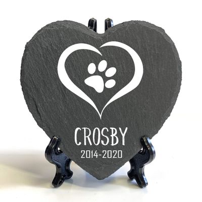 TULLUN Personalized Heart-Shaped Slate Pet Grave Marker with Stand, 10 x 10 cm