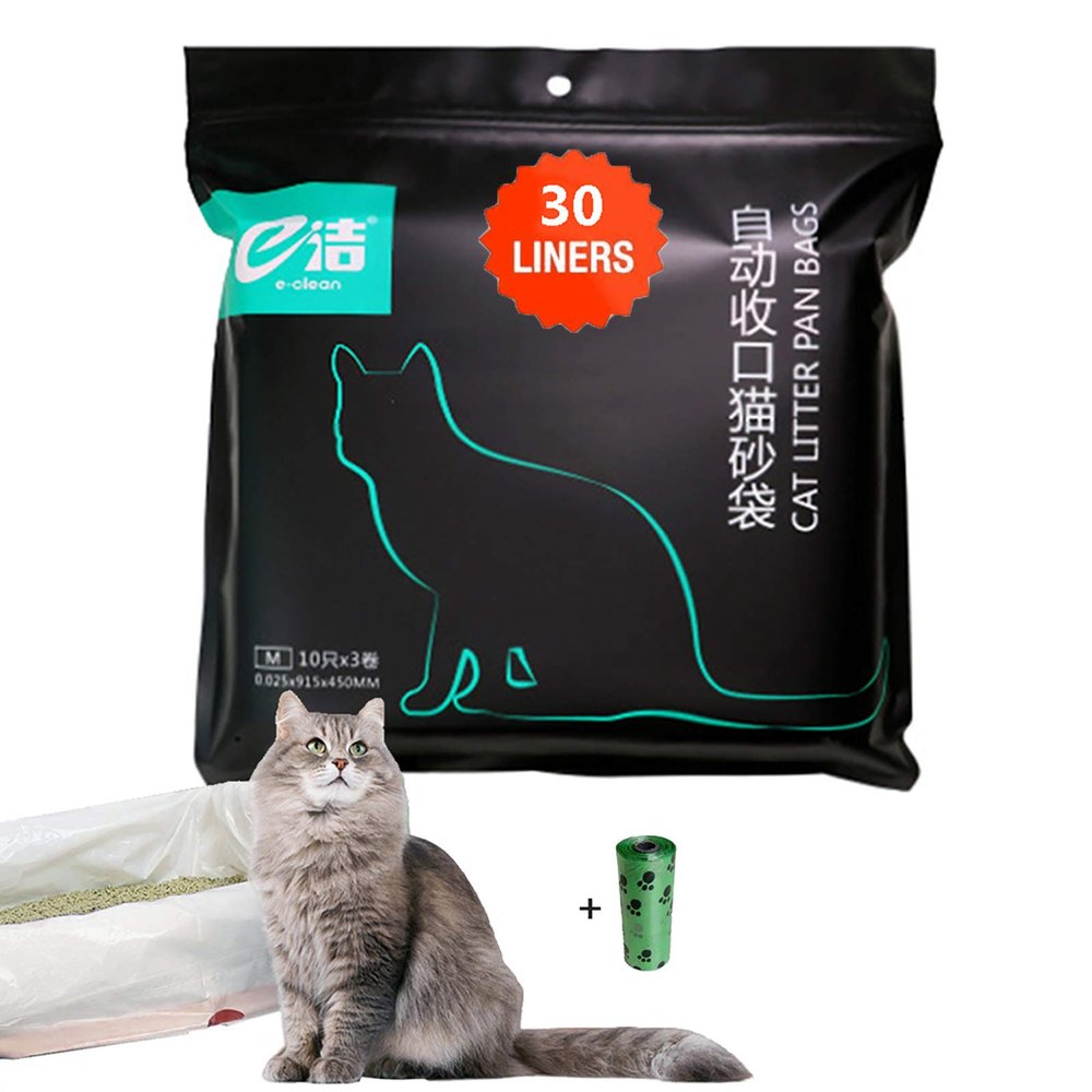 MOLIWEN Cat Litter Box Liners, 30 Count, Drawstring Bags, 915 × 450 mm, for Medium and Large Litter Boxes, Plus 1 Roll of Pet Waste Bags