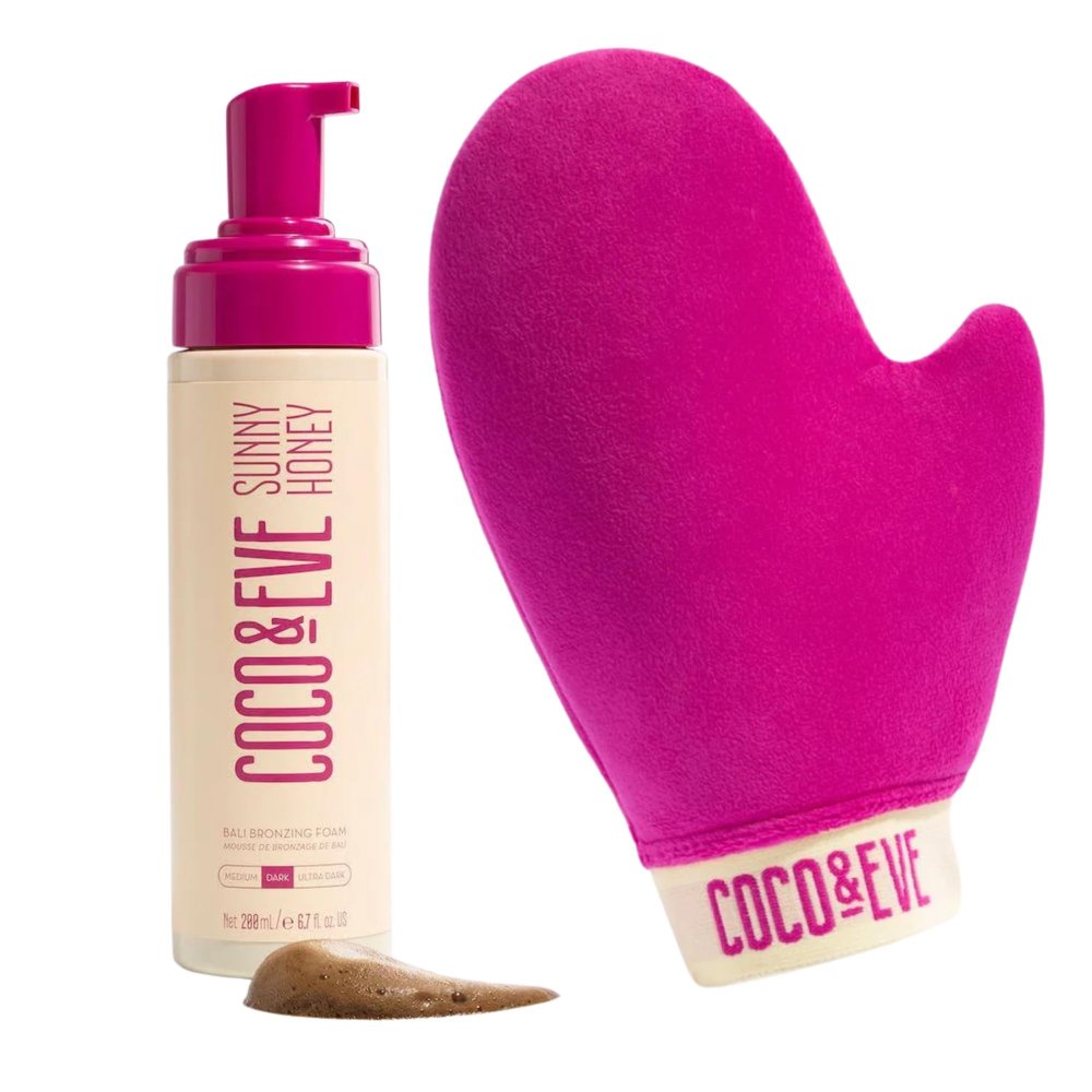 Coco & Eve Sunny Honey Deluxe Self-Tanning Set (Dark) – Bali Tanning Mousse with Application Mitt and Travel Bag