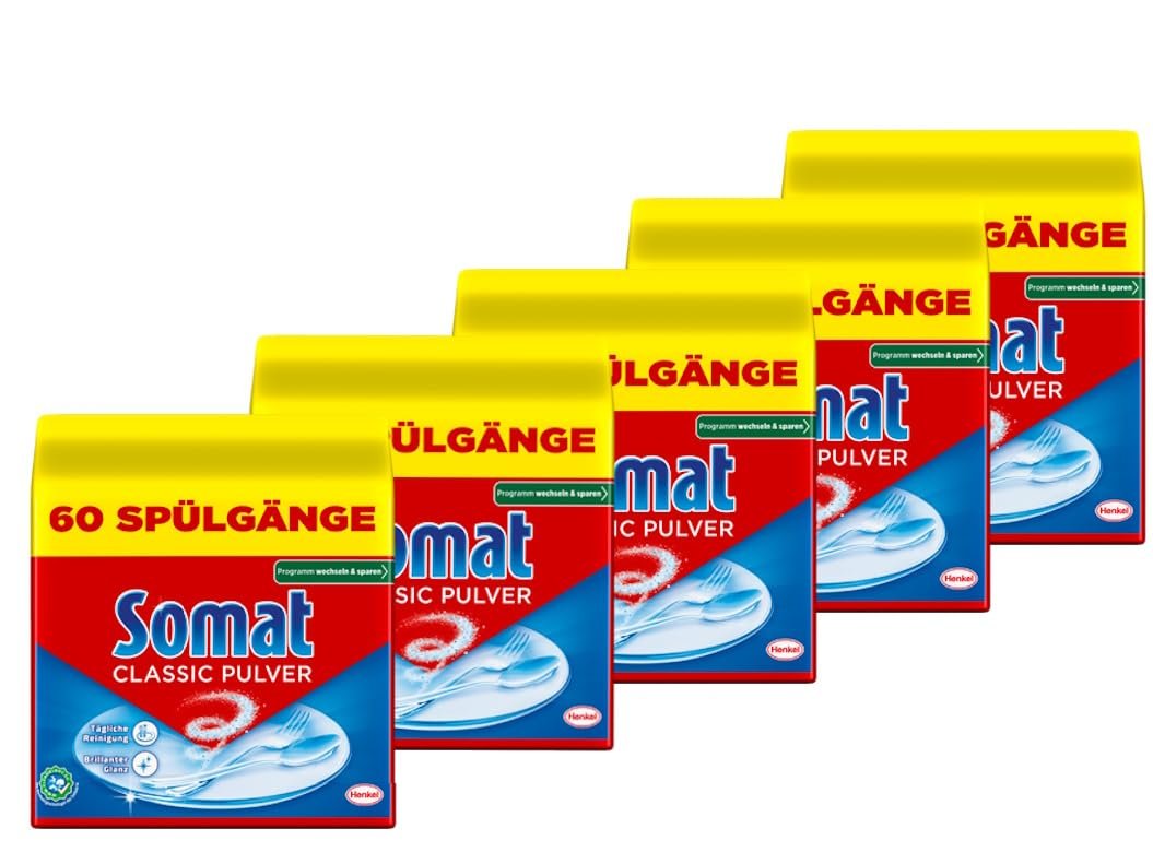 Somat Classic Powder, Dishwasher Cleaner for Daily Cleaning, Removes the Toughest Stains in Every Wash Cycle, Gentle on the Environment, 5 x 960 g