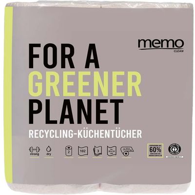 Memo Recycling Strong & Dry 3-Ply Kitchen Towels, 2 x 102 Sheets