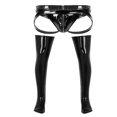 Kaerm Men's Open-Crotch Wet-Look Bulge Pouch Underwear and Thigh-High Stockings Set, Black, XL
