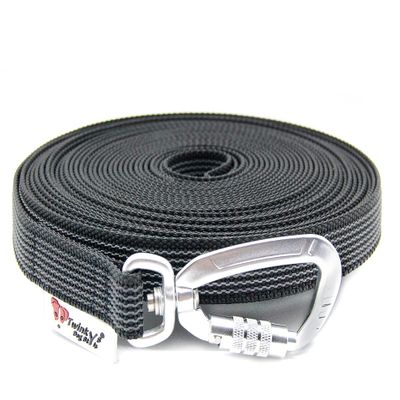 Twinkys Dog Style Rubberized Long Line with Safety Carabiner, 20 mm, 15 m, Black, for Dogs up to 50 kg