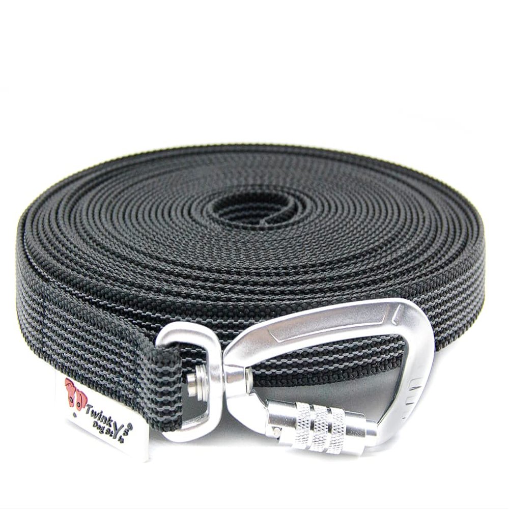 Twinkys Dog Style Rubberized Long Line with Safety Carabiner, 20 mm, 15 m, Black, for Dogs up to 50 kg