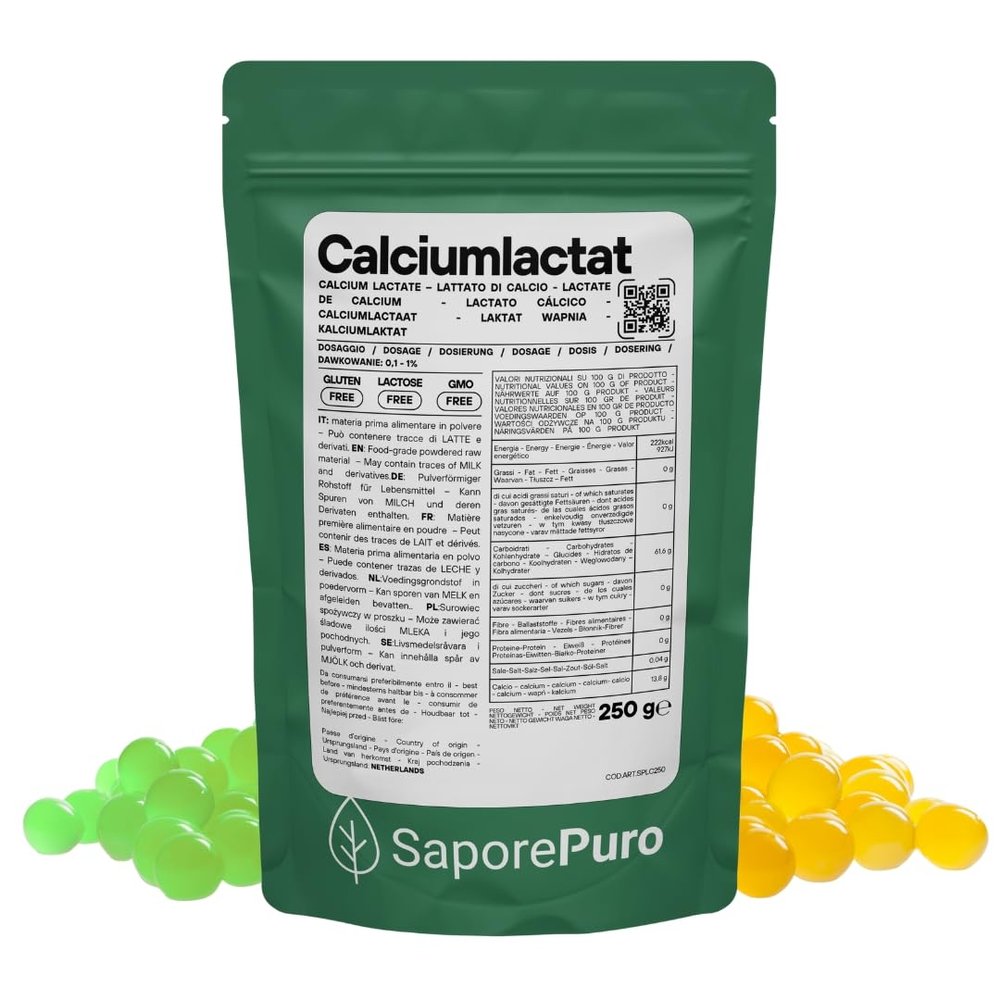 Saporepuro Calcium Lactate Powder, 250 g – Ideal for Molecular Spherification