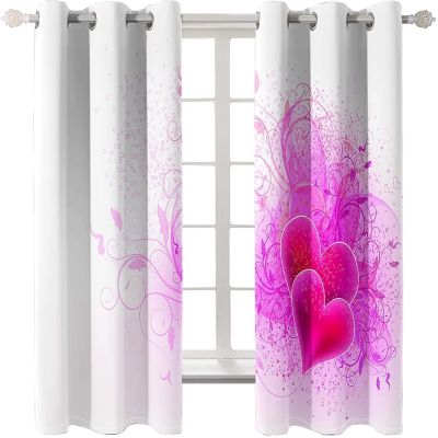 Daesar Blackout Curtains with Heart and Vine Pattern, 214 x 274 cm, 2-Piece Set, White/Pink