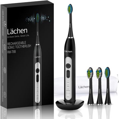 Lchen Sonic Electric Toothbrush with 4 Brush Heads, Timer, 3 Modes & 3 Intensity Levels, Travel Case (Black)