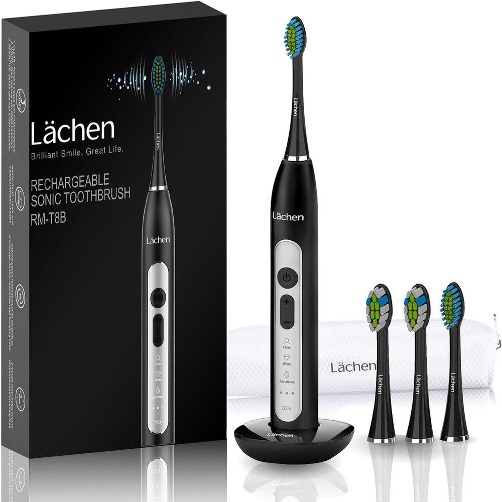 Lchen Sonic Electric Toothbrush with 4 Brush Heads, Timer, 3 Modes & 3 Intensity Levels, Travel Case (Black)