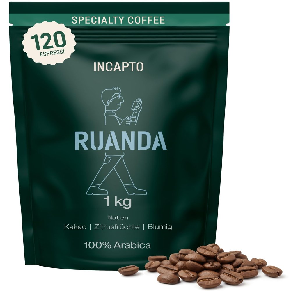 Incapto Specialty Coffee Beans | Single-Origin Rwanda | Espresso, 100% Arabica | 86 SCA Points | Traditionally Roasted Whole Beans | Rubavu, Nyamyumba Plantation, 1 kg